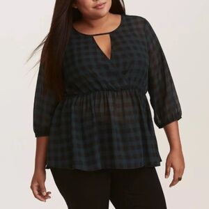 Torrid Gingham Chiffon Surplice Peplum Blouse in Green and Black Size 1